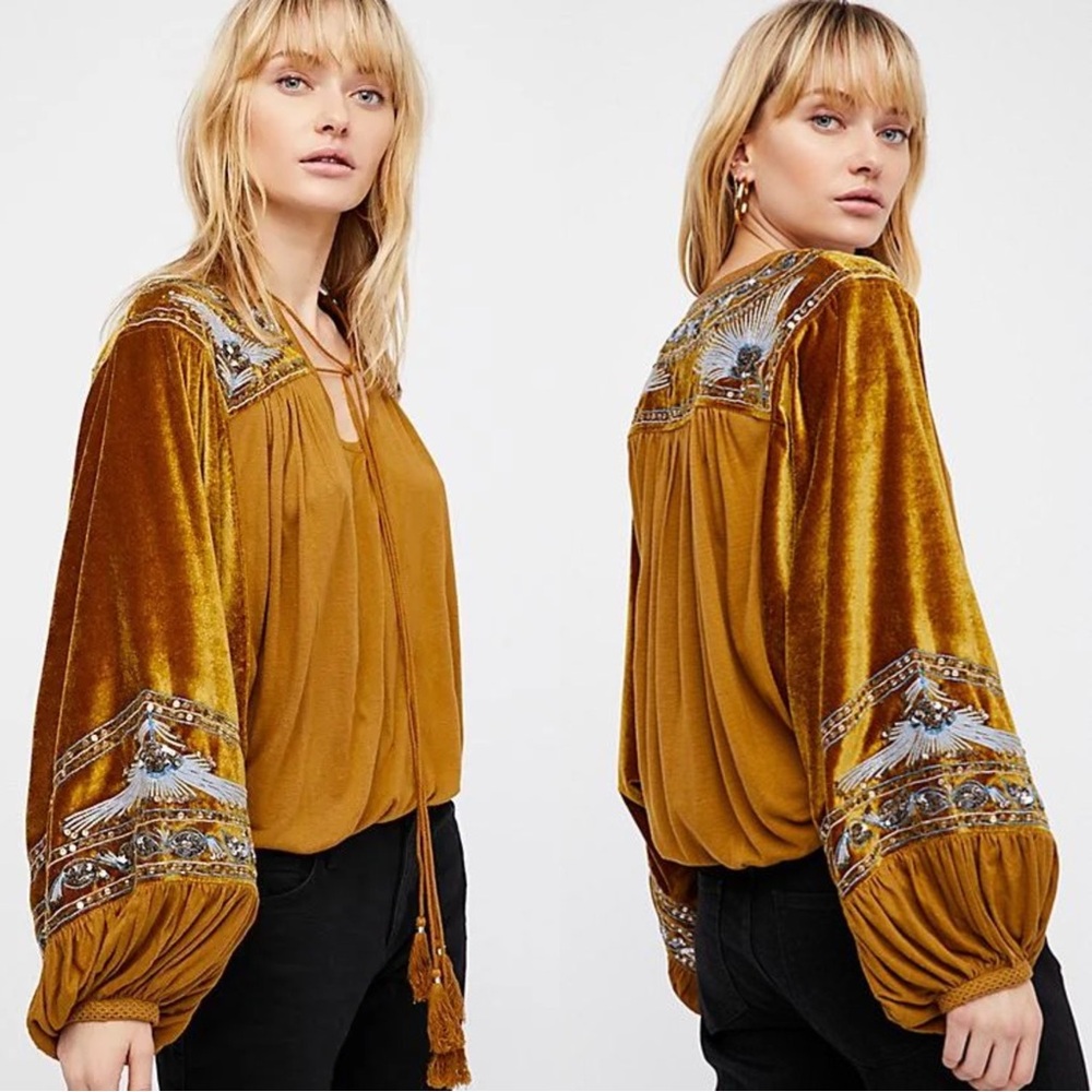 FREE PEOPLE Mustard Yellow Gold Sliver Beaded Boho Embellished Velvet Blouse Top
